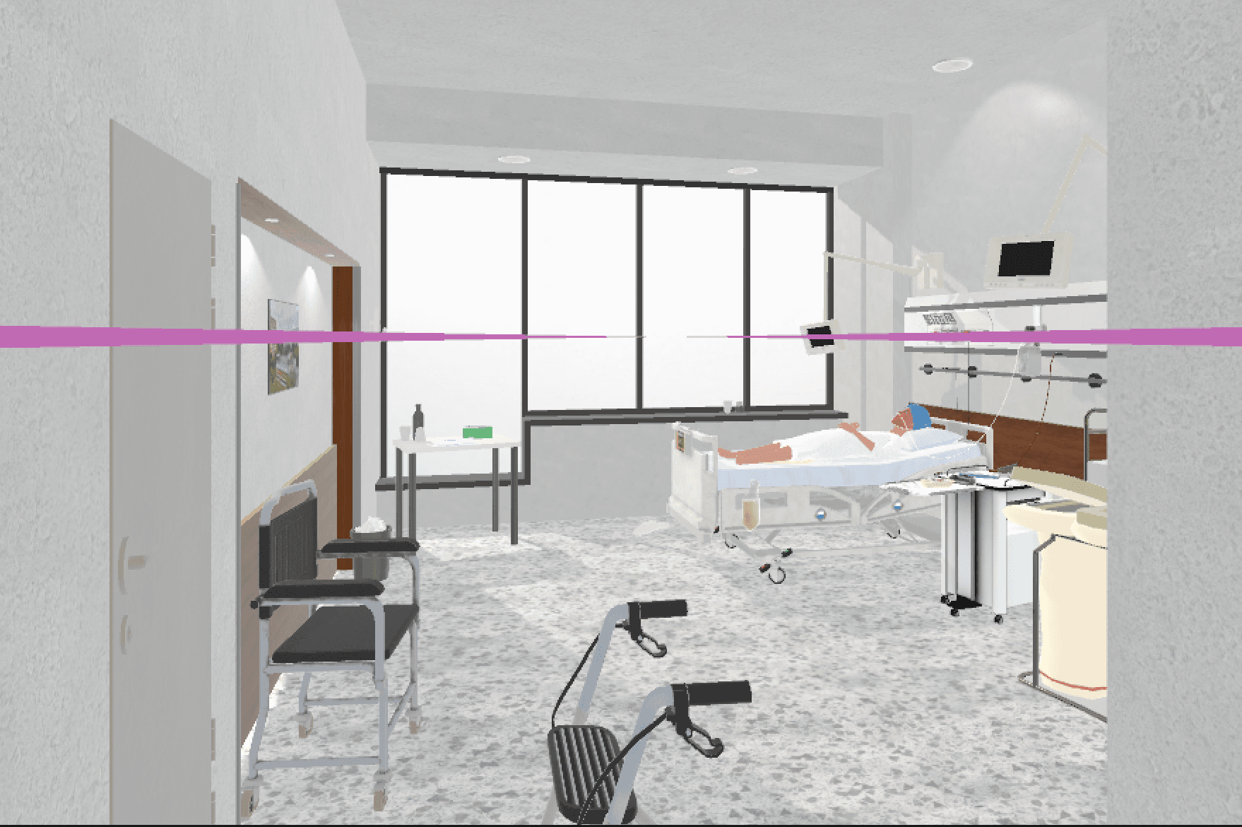 The virtual hospital room in Room of Horror, with a patient in bed, monitors, and a mobile care trolley.