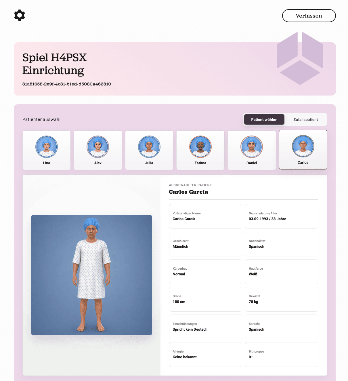 The instructor web console showing patient selection — six profiles including Lina, Alex, Julia, Fatima, Daniel and Carlos — with Carlos García's master data.