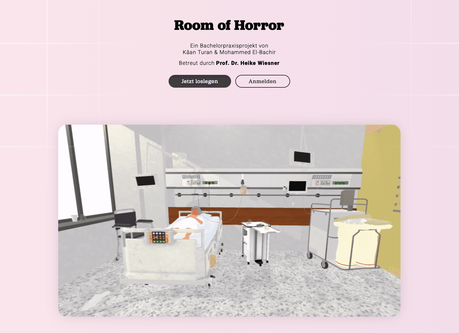 A wide view of the virtual hospital room from the doorway — a bed by the window, wheelchair, rollator, monitors and care trolley.